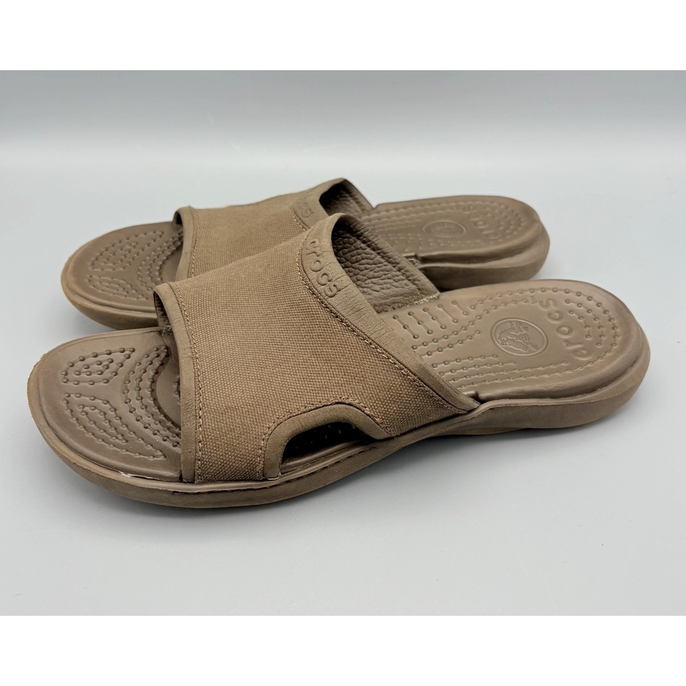 Crocs Canvas Slides Men 8 Women 9-9.5 Brown Slip On Sandals
